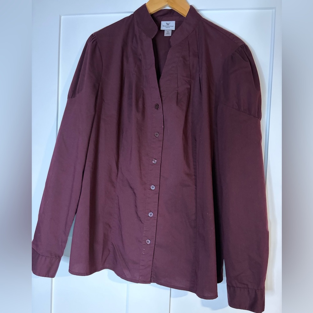 Worthington Stretch Blouse Womens XL Plum Burgundy Mandarin Collar Button Down